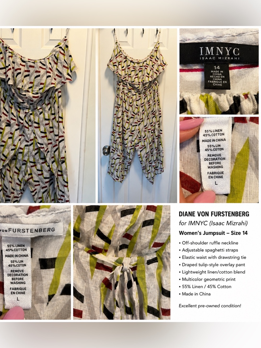 Diane von Furstenberg Multicolor Geometric Linen-Cotton Jumpsuit